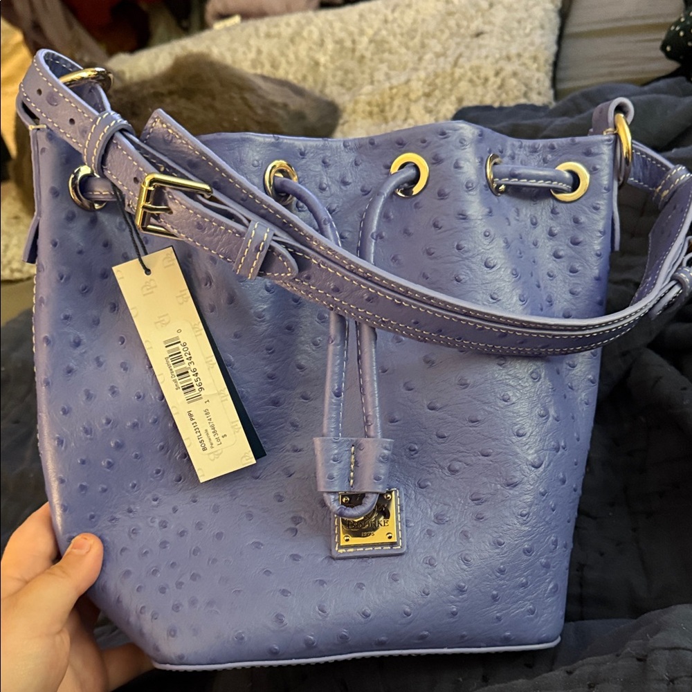 NWT Dooney & Bourke Ostrich Small Drawstring Bag – Periwinkle Blue